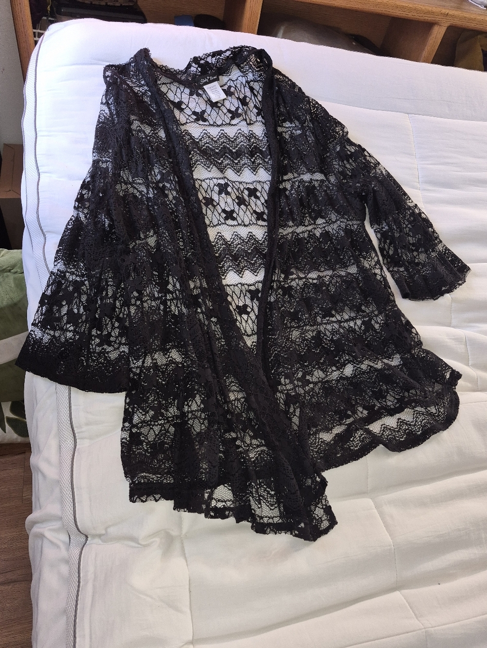 Slinky Brand Black Floral Lace Overlay Kimono